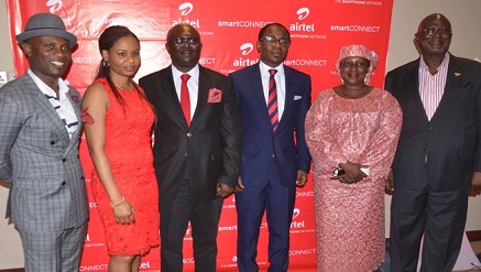 (L-r): Mong Kalu, Nigerian actor; Oluwaseun Adaramola, senior manager, Brand Management; Oladipo Jolaosho, head, Mass Market Segment; Adefemi Adeniran, head, Public Relations, all from Airtel Nigeria; Ayo Mogaji and Kunle Bamtefa, veteran actors, at the launch of Airtel Smart Connect 2.0 in Lagos